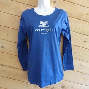 Courreges Paris Blue Silver Beaded Embroidery Long Sleeve Shirt Tee Top 9R